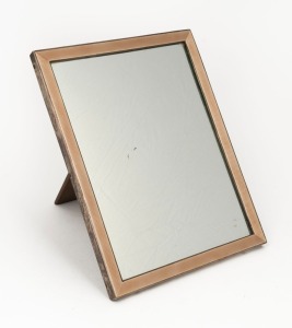 An antique English sterling silver and enamel table mirror with leather back and folding easel stand, 23 x 18cm overall
