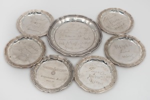 German Military Academy silver wine&nbsp;coaster set, one engraved "Kriegsakadamie - Berlin 1933 -35", the others with engraved signatures of the&nbsp;participants including IRWIN ROMMEL, AUGUST DETTLING, RITTER VON MOLO, and many others, circa 1935, the largest 15