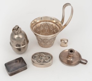 Silver cup, Chinese silver dragon box, silver snuff box, silver trinket box, silver candle holder, and a silver plated muff warmer, (6 items), ​​​​​​​258 grams silver weight