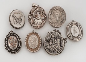 Antique silver lockets, brooch and reliquary boxes, 19th century, (7 items), the largest 7cm high