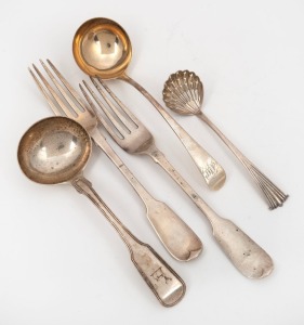 Antique English sterling silver sauce ladles, sugar sifting spoon, and pair of tablespoons, 19th century, (five items), the largest 20.5cm long, 278 grams total