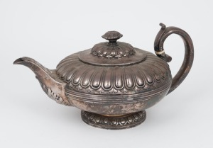 An antique English sterling silver teapot with lotus flower finial and acanthus decorated spout, made in London, circa 1823, 14cm high, 26cm wide, 684 grams