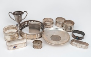 Assorted sterling silver napkin rings, coin dish, butter dish (no liner), and a vesta, mixed vintages, (12 items), ​​​​​​​the coin dish 10cm diameter, 315 grams total