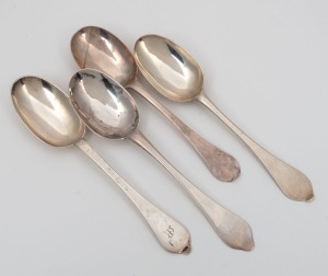 Four antique English and Channel Islands silver dog nose tablespoons, 17th/18th century, the largest 20.5cm long, 210 grams total