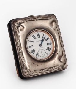 An antique Swiss jumbo size pocket watch in nickel plated case with Roman numerals. Retailed by "HARDY BROS. LTD. SYDNEY & BRISBANE", housed in original silk lined leather travel case with sterling silver front, 19th century, the watch 10cm high overall including bow