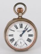 An antique Swiss jumbo size pocket watch in nickel plated case with Roman numerals. Retailed by "HARDY BROS. LTD. SYDNEY & BRISBANE", housed in original silk lined leather travel case with sterling silver front, 19th century, the watch 10cm high overall i - 2