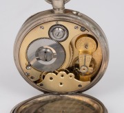 An antique Swiss jumbo size pocket watch in nickel plated case with Roman numerals. Retailed by "HARDY BROS. LTD. SYDNEY & BRISBANE", housed in original silk lined leather travel case with sterling silver front, 19th century, the watch 10cm high overall i - 3