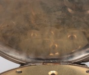 An antique Swiss jumbo size pocket watch in nickel plated case with Roman numerals. Retailed by "HARDY BROS. LTD. SYDNEY & BRISBANE", housed in original silk lined leather travel case with sterling silver front, 19th century, the watch 10cm high overall i - 4