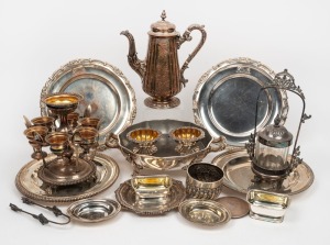 Antique silver plated egg cruet, two 18ct century Old Shefield plate dinner plates with engraved crests, warming bowl, teapot, pickle jar, three pairs of condiment dishes, coaster, seven assorted plates and platters, plus a sugar bowl, mostly 19th century, (18 items), the pickle jar 29cm high