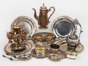 Antique silver plated egg cruet, two 18ct century Old Shefield plate dinner plates with engraved crests, warming bowl, teapot, pickle jar, three pairs of condiment dishes, coaster, seven assorted plates and platters, plus a sugar bowl, mostly 19th century
