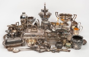 Assorted silver plated tableware, sugar scuttles, tureen, teaware etc.; together with bone dice and treen ware, (qty)