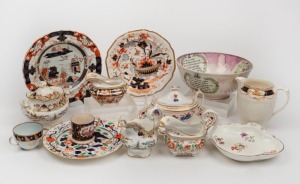 Antique English porcelain, including a large Sunderland ware bowl, plates and serving bowls, teaware, jugs, etc, 19th/20th century, (14 items), the largest jug 16cm high