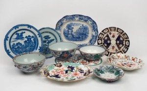 Antique porcelain bowls, plates, platters and serving dishes, English, Chinese and Japanese, 18th and 19th century, (10 items), A/F. the blue and white platter 33cm wide