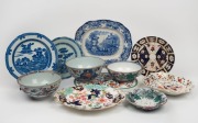 Antique porcelain bowls, plates, platters and serving dishes, English, Chinese and Japanese, 18th and 19th century, (10 items), A/F. the blue and white platter 33cm wide