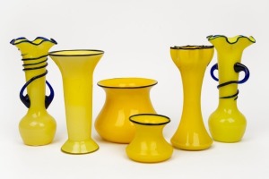 Bohemian yellow Tango group of six vases, all with blue trim, circa 1920s,the largest 23cm high