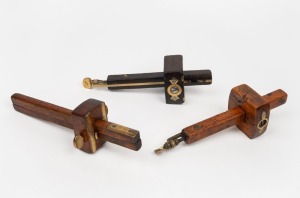 A group of antique English&nbsp;cabinet maker's marking gauges, including boxwood and brass mortise, ebony and brass mortise, plus beech and brass double marking gauge (patented October, 22nd, 1872). 19th and early 20th century, 20cm long.&nbsp;