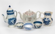 NEWHALL antique English porcelain teapot, Caughley antique English blue and white sparrow beak jug, antique English blue and white porcelain coffee pot, Dr, Wall Worcester tea bowl and two other antique English porcelain tea bowls, mostly 18th century, (6