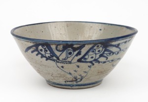 An antique Korean Chosn period blue and white bowl with hand-painted chicken decoration.10cm high, 23cm diameter