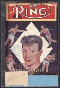 A collection, in an album containing a collection of signed photographs, cards, postcards and cuttings, with the signatories including Terry Allen, Lawrence Stevens, Ike Williams, Sammy Angott, George Angelo, Whitey Bimstein, Ken Buchanan, James Carter, Henry Cooper, Marcel Cerdan, Don Cockell, Cliff Curvis, Walter Cartier, Frederick Finch, Rocky Graziano, Tony Galento, Jake LaMotta, Rex Layne, Billy Conn, Jackie Fields, and others. (qty).