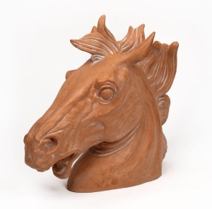 A vintage hand modelled terracotta bust of a horse, 20th century, 40cm high, 48cm long