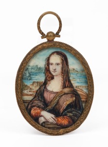 MONA LISA hand-painted miniature portrait replica on ivory, 20th century, 9cm high overall