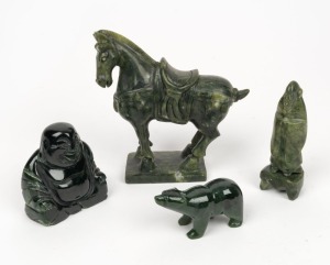 A Chinese carved jade horse, bear, Buddha and statue, 20th century, (4 items), the horse 14cm high