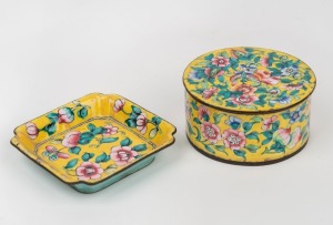 A Chinese Peking enamel floral box on yellow ground; together with a matching dish, 19th/20th century, (2 items), the box 8.5cm diameter