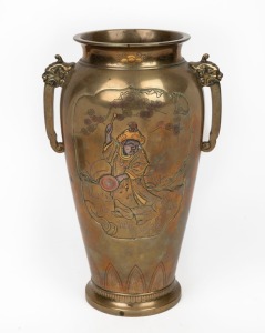 An antique Japanese bronze vase with vignettes decorated with gold, silver and&nbsp;copper, Meiji Period, 19th/20th century, 30cm high