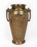 An antique Japanese bronze vase with vignettes decorated with gold, silver and&nbsp;copper, Meiji Period, 19th/20th century, 30cm high