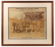 VICTORIAN TEAM 1894: An original albumen paper photograph laid down on printed backing card, headed 'INTERCOLONIAL CRICKET MATCH, VICTORIA V. SOUTH AUSTRALIA, Played on the Adelaide Oval, March 1894'. An extremely rare image but with defects. ​​​​​​​Frame