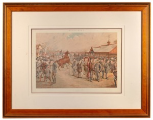 Original large format Vanity Fair chromo-lithograph titled "New Market, Tattersall's, 1887", offering a lighthearted view of the elegant racegoers around the mounting yard, attractively framed and glazed, overall 71 x 90cm.