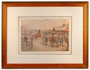 Original large format Vanity Fair chromo-lithograph titled "New Market, Tattersall's, 1887", offering a lighthearted view of the elegant racegoers around the mounting yard, attractively framed and glazed, overall 71 x 90cm.