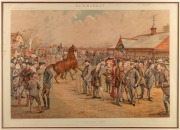 Original large format Vanity Fair chromo-lithograph titled "New Market, Tattersall's, 1887", offering a lighthearted view of the elegant racegoers around the mounting yard, attractively framed and glazed, overall 71 x 90cm. - 2