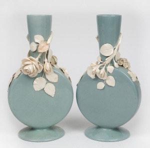 MINTON pair of blue and cream two tone porcelain mantle vases with applied rose decoration, 19th/20th century, impressed "Minton", 25cm high