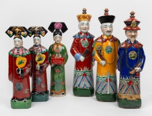 Six Chinese polychrome ceramic statues, 20th century, the largest 37cm high