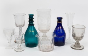 Antique English glass celery vase, two coloured glass decanters, two assorted air-twist glasses, an antique glass rinser, plus three antique glasses, 18th/19th century, (9 items), A/F, the largest 22cm high