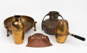 Arts & Crafts copper and brass vases, fruit bowl, coffee pot and crumb tray, makers include W.M.F., 19th/20th century, (5 items), the largest 21cm high
