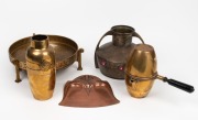 Arts & Crafts copper and brass vases, fruit bowl, coffee pot and crumb tray, makers include W.M.F., 19th/20th century, (5 items), the largest 21cm high