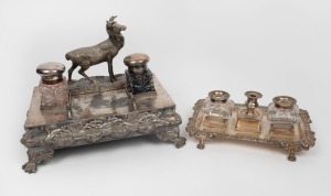 Two antique silver plated and Sheffield plate desk sets, one with figural deer decoration engraved "REDFERN BOWLING CLUB, PRESIDENTS TROPHY WON BY J. LEACH Esq. 1909", the larger 23cm high, 31cm wide, 22cm deep