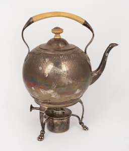 An antique English sterling silver spirit kettle with ivory handle and finial, 19th century, 29cm high, 1260 grams total including handle and finial