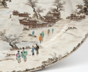 An antique Japanese porcelain oval serving platter with figures in village landscape, Meiji Period, 19th century, eight character seal mark to base, ​​​​​​​46cm wide - 2