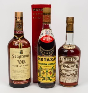 Vintage spirits,&nbsp;Seagram's V.O Canadian Whisky, (a blend), 1 litre.&nbsp;Hennessy Cognac (D 15052) 26 Fl Oz and Metaxa&nbsp;0.7L in original box. 20th centuryThe Metaxa&nbsp;32cm high