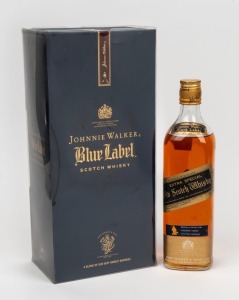 Vintage Johnnie Walker, Blue Label, Scotch Whisky. Bottle NoF&nbsp;43554 JW, 1 litre blended Scotch whisky in original box and packaging, together with Johnnie Walker, Black Label, Extra Special Old Scotch Whisky, 75 Cls. 20th Century Blue Label 34cm high over