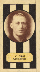 1932-57 scarce football cards, comprising 1932 Clark-Ellis "VFL Footballers" [1/108] - C.Dibbs (Coll); 1949 Kornies "Victorian Footballers" [1/108] - No.52 E.Ryan (Oakleigh); 1954 Fyna Foods "Victorian Footballer Caricatures" [1/24] - No.15 A.Ruthven (Fit