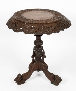 Anglo-Indian ornately-carved padouk&nbsp;tilt-top table, 19th century. 73cm high, 67cm wide.