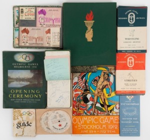 1956 MELBOURNE OLYMPICS: A collection including two autograph books with numerous signatures, Official Programmes for Athletics (7), Association Football Quarter Finals, Basketball (2), Boxing (1), Swimming (4), Weightlifting (1), and Free Style Wrestling (1); a number of used tickets (some stuck down in an album), Olympic matchbox labels, swap cards, some original photos, an official guide, a souvenir map, an Opening Ceremony programme, etc.