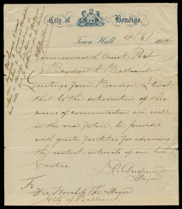 9 June 1914 (AAMC.1a) Bendigo - Ballarat letter from D.Andrew (Mayor) on 'City of Bendigo' letterhead to "His Worship the Mayor of Ballaarat" flown by Maurice Guillaux in his Bleriot monoplane with added message in French including "...j'avoir transporte le premier en Australie un lettre" ("I have carried the first letter in Australia"), signed "M. Guillaux" at upper left, undercatalogued at $15000.Ex Frommer, sold for $33600 in the September 2016 sale of his Grand Prix Pioneer Australian 
