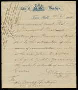 9 June 1914 (AAMC.1a) Bendigo - Ballarat letter from D.Andrew (Mayor) on 'City of Bendigo' letterhead to "His Worship the Mayor of Ballaarat" flown by Maurice Guillaux in his Bleriot monoplane with added message in French including "...j'avoir transporte 