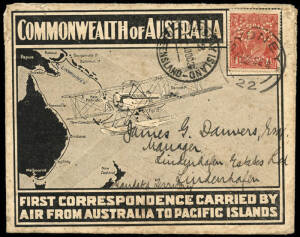 PAPUA - Aerophilately & Flight Covers: Pacific Islands Survey Flight: Sept. - Dec.1926 (AAMC.P2) 25 Sept.1926 Sydney - Lindenhafen, New Guinea, via Daru and Port Moresby with THURSDAY ISLAND 10 OC 26 cds applied in transit: A cover flown by Group Captain Richard Williams on his survey flight from Melbourne to various Pacific Islands in a DH50A seaplane. The intention was to follow the East Coast as far as Thursday Island and then via Papua, New Britain and the Solomon Islands to the New Hebrides