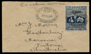 Nov.1919 - Feb.1920 (AAMC.27a) Mesopotamia (Iraq) - Australia flown cover endorsed "On active service" at top, flown by Ross Smith, Keith Smith, Jim Bennett & Wally Shiers on their onwards flight to Australia; the vignette tied by one of two superb strikes of the oval "FIRST AERIAL MAIL" cachet, addressed to Mrs J.Morris, Maroona, Victoria. Exceptionally, the cover is signed by Keith Smith, J.M.Bennett & W Shiers on the reverse & inscribed "Darwin 12-12-19" in Bennett's hand.